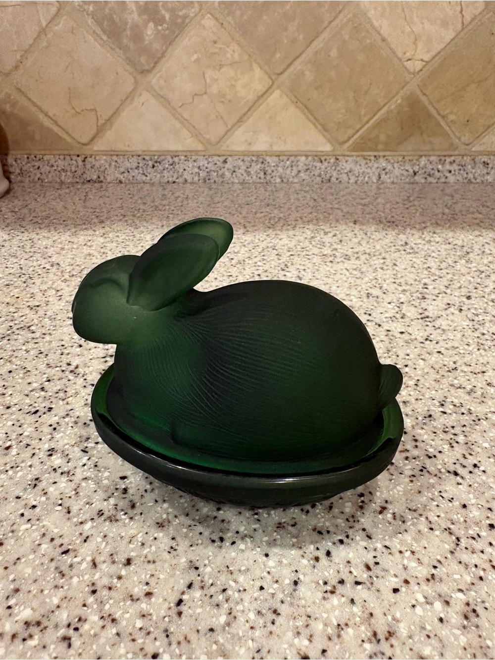 Frosted dark green glass rabbit candy dish